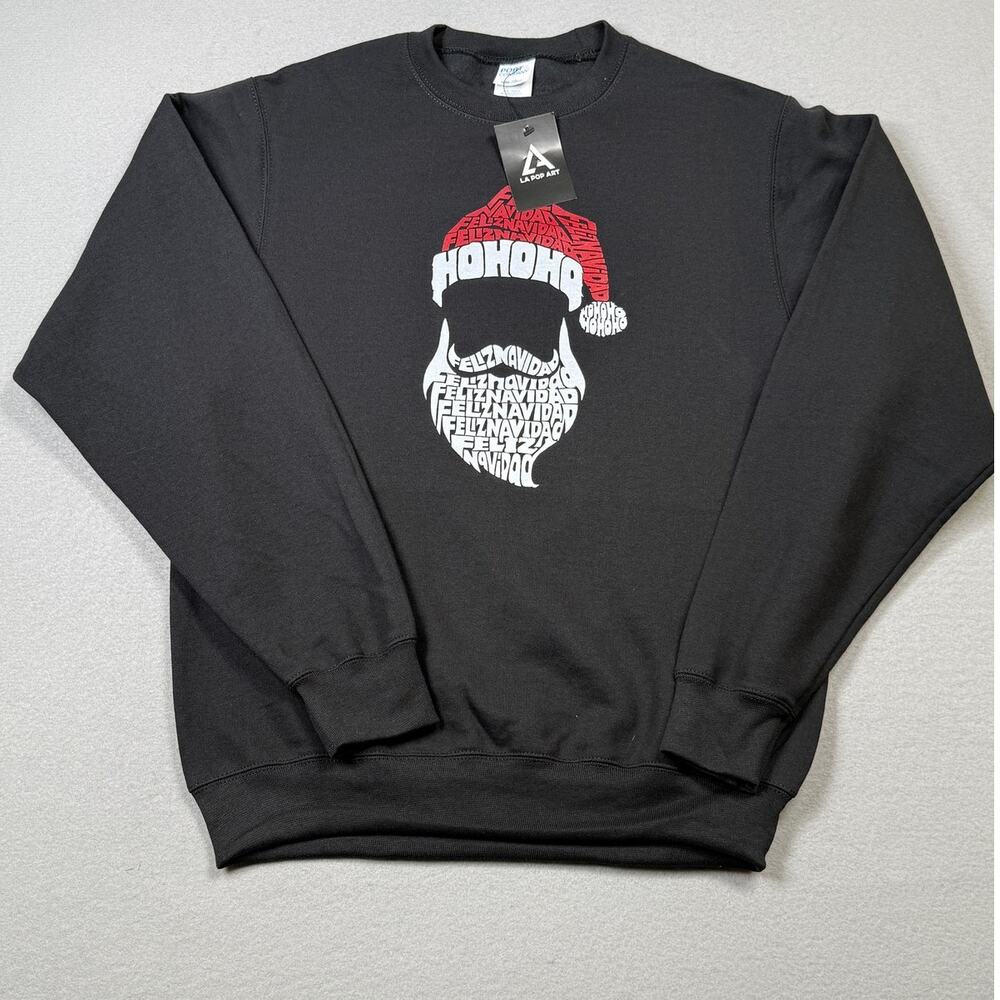 LA Pop Art Men's Feliz Navidad Santa Claus Word Art Sweatshirt, black Small $40